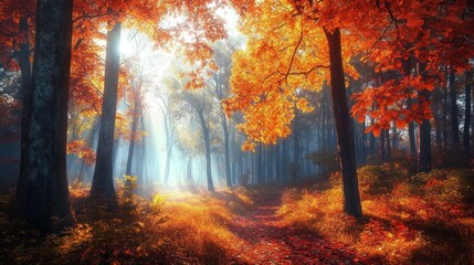 Autumnal Enchantment: A Sunlit Path Through a Misty Forest of Vibrant Orange and Red Leaves