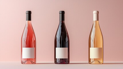 Pink, red, white wine bottles studio shot, blank labels, pastel background, beverage packaging