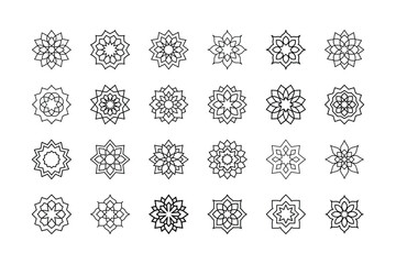 25 black outline geometric mandala icon collection. Includes various symmetrical floral and star-shaped patterns. Created in thin line style with a monochrome palette
