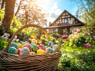 Easter basket filled with colorful eggs and nestled in a garden, conveying joy and celebration of the holiday season.