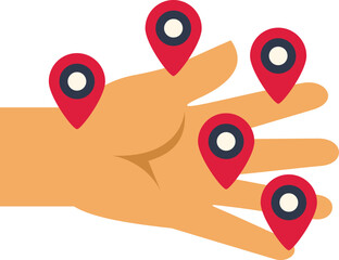 Open hand holding five red location pins showing different destinations