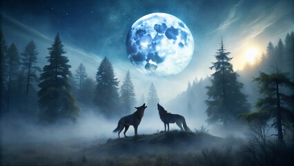 Howling Wolves Full Moon Misty Forest Night Wildlife Nature Wallpaper