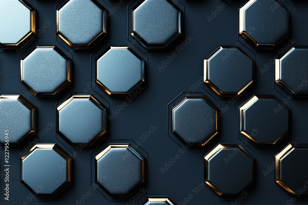 Poster repeating pattern of metallic hexagons on a dark background exuding a futuristic and sharp visual ap