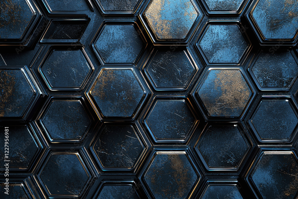 Poster repeating metallic hexagon pattern on a dark background showcases a futuristic design with sharp edg