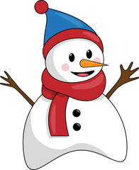 Vector snowman with red scarf and blue hat. A cute Christmas character.
