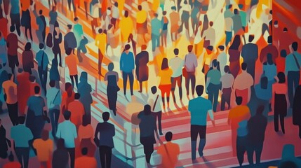Obraz premium A vibrant tapestry of humanity: A stylized depiction of a diverse crowd moving through a space, radiating warmth and energy.
