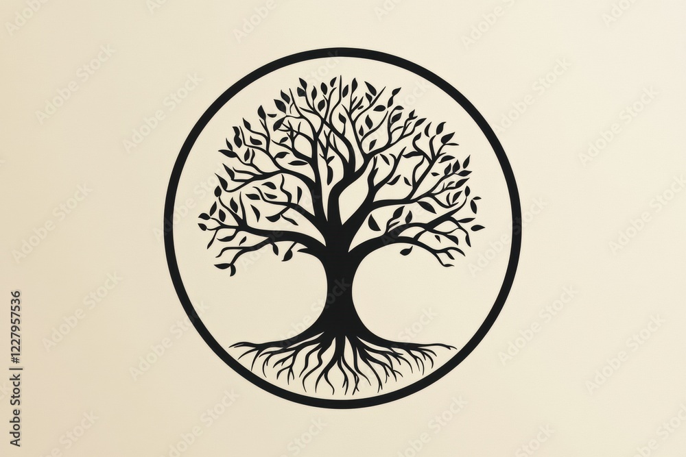 Poster symbolic representation of the tree of life showcasing intricate roots and branches in a circular de