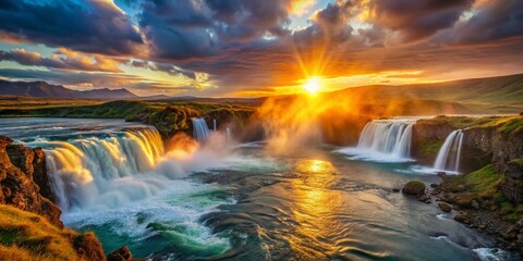 Icelandic Godafoss Waterfall Sunset - Dramatic Skjalfandafljot River Landscape