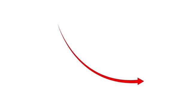 Business graph chart with down trend  arrow red color animation on black background.