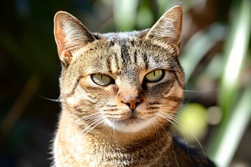 Beautiful tabby cat sitting gracefully in sunlight
