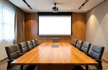 A spacious conference room features a long wooden table surrounded by sleek black chairs and a projector screen