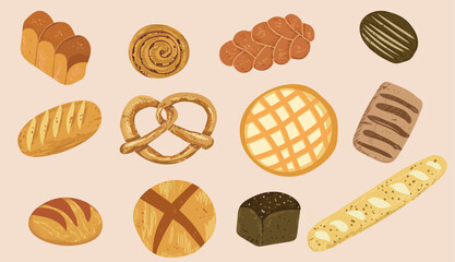 Bundle of breads and homemade baked products of different types, shapes and sizes  - loaf, bun, baguette, toast, pretzel. Hand drawn vector illustration.