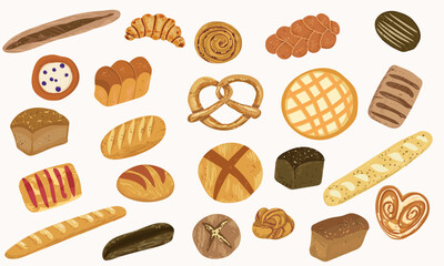 Bundle of breads and homemade baked products of different types, shapes and sizes  - loaf, bun, baguette, toast, muffin, pretzel, waffle. Hand drawn vector illustration.