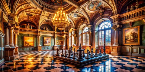 Fototapeta premium Incorrectly Arranged Chess Pieces on Grand Chessboard in Luxurious Setting