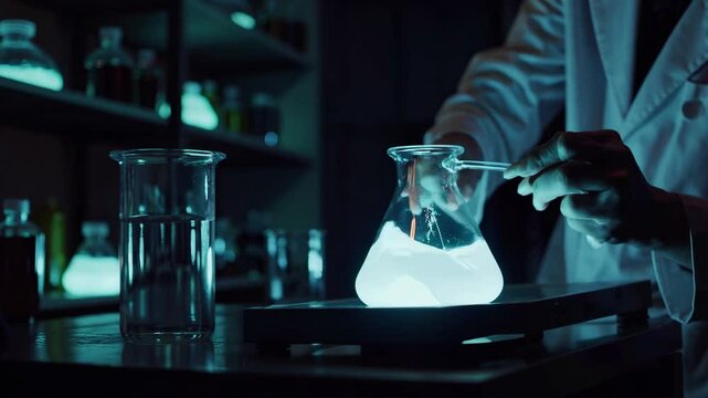 scientist creating a glowing substance in a dark laboratory