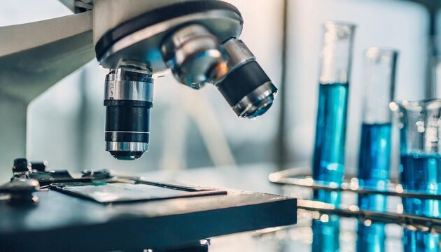 A close-up of a microscope with glass slides and test tubes in a laboratory, symbolizing scientific research and discovery.