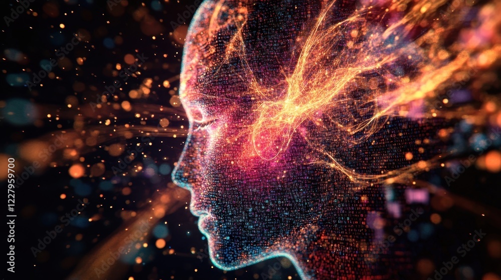 Poster human face emerging from a flowing stream of binary code, representing the concepts of artificial in