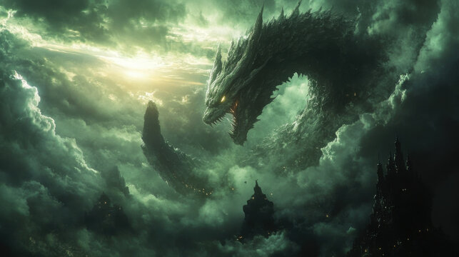 J&ouml;rmungandr Dragon, Gloomy Clouds, Fantasy Background.