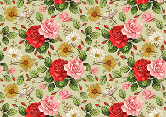 Seamless pattern. Beautiful pink blooming realistic isolated flowers. Vintage background. Set Chamomile Roses  wildflowers. Wallpaper. Drawing engraving. Vector victorian Illustration