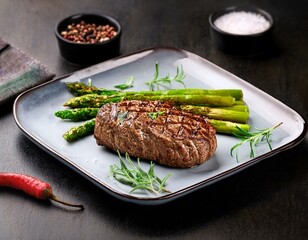grilled steak with asparagus on a plate garnished with herbs and spices