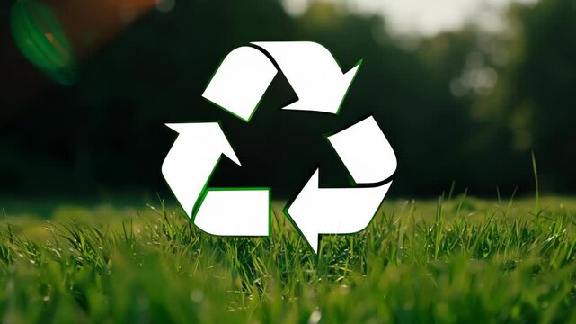 Green earth cover with Recycle symbol on green grass field on natural background. Waste and pollution elimination, clean and renewable energy concept, green world, eco friendly, environment day. Ecolo