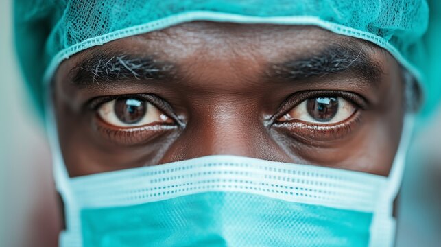 Close-up portrait of a Black male surgeon with a focused gaze, wearing a surgical mask and cap. Concept of healthcare, dedication, and medical expertise