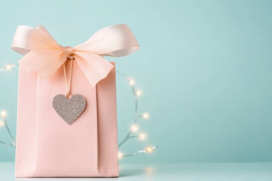 soft pink gift bag with glittery heart tag tied with satin ribbon surrounded by fairy lights
