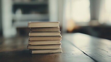 Stack of old books on wooden table.