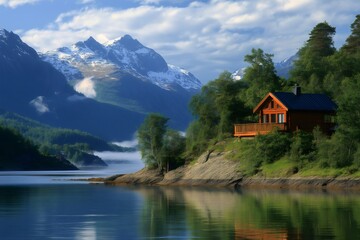 Fototapeta premium Charming wooden cabin by a fjord reflecting on the calm water with a scenic mountain range in the background, in Norway