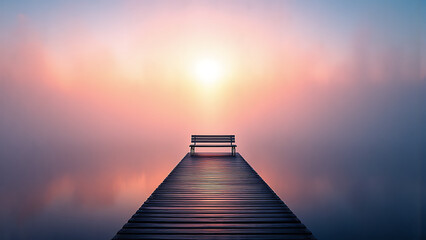A wooden pier extends from the foreground into a misty lake at sunrise