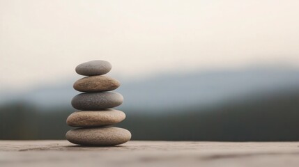 Stacked stones on wood, serene nature background.