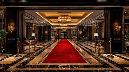 Red carpet grand hotel entrance, luxury lobby