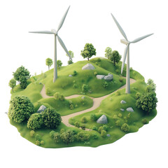 Wind turbines on miniature isometric green terrain patch.