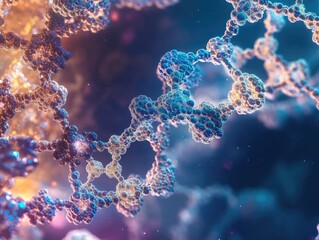 Microscopic close-up view of molecular structure, featuring double helix of DNA intertwined with RNA strands.