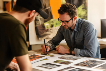 Creative director reviewing photographic prints with team member, working together on a project in their office