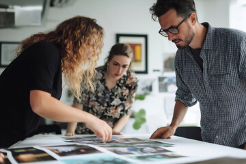 Creative director and colleagues reviewing photographic prints spread out on a table in a modern office