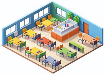 Isometric Colorful Silhouette School Canteen Floor Plan - Rule of Thirds Composition