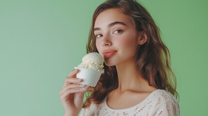 A young woman with long brown hair is holding a bowl of vanilla ice cream in front of her face. She is smiling at the camera.