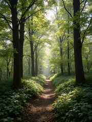 Fototapeta premium Peaceful forest pathway illuminated by soft sunlight filtering through green leaves at morning