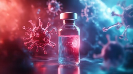Vaccine vial and coronavirus, medical research, 3D render