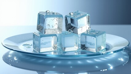 Fresh ice cubes stacked and melting on a reflective glass plate with water droplets	