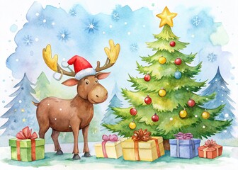 Joyful Christmas Moose in Watercolor: Festive Holiday Illustration