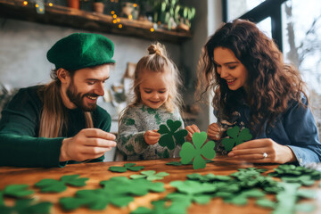 Fototapeta premium Happy family wearing green clothes preparing St. Patrick's Day decorations, holding green shamrocks
