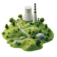 nuclear powerplant on miniature isometric green terrain patch.