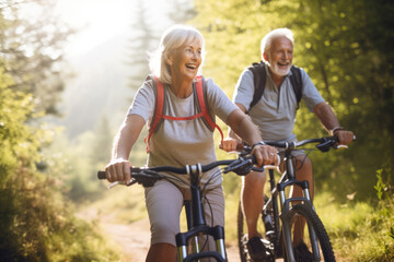 A senior couple enjoys a leisurely bike ride through the vibrant colors of autumn, basking in the warm sunshine and the joy of companionship.