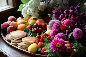 Breakfast tray filled with pancakes, fresh fruit like strawberries, peaches, and lemons, alongside a vibrant bouquet of colorful flowers