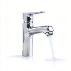 Chrome faucet running water, white background, bathroom