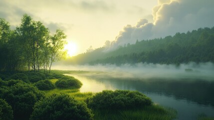 A serene misty forest scene at sunset. The river flows gently through the lush green landscape.