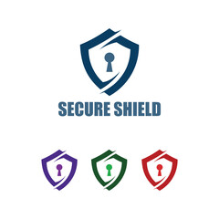 Secure shield logo design with lock symbol in various colors for security and protection branding