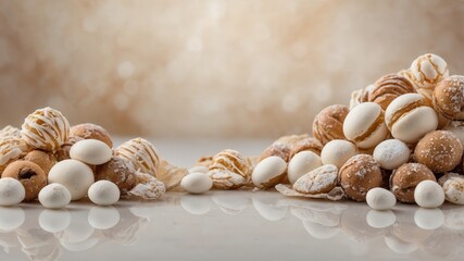 Obraz premium shell, sea, seashell, pearl, beach, jewelry, decoration, nature, frame, necklace, gold, shells, food, marine, isolated, beauty, seashells, ocean, flower, sand, closeup, border, yellow, object